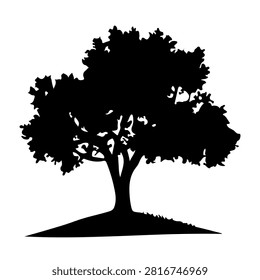 A black silhouette of a mature tree with a broad canopy and thick branches, standing on a small patch of ground against a white background.