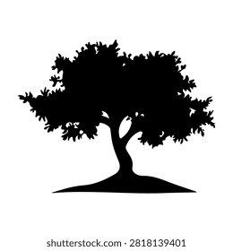 A black silhouette of a mature tree with dense, leafy canopy and sturdy trunk, isolated on a white background, emphasizing natural beauty and growth.