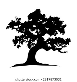 Black silhouette of a mature tree with dense, spreading branches and lush foliage, isolated on a white background, emphasizing natural beauty and growth.