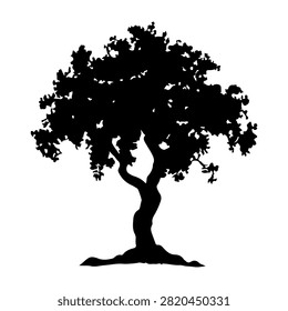A black silhouette of a mature tree with dense leaves and a sturdy trunk, isolated on a white background, emphasizing natural growth and stability.
