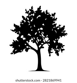 Black silhouette of a mature tree with dense, leafy branches and sturdy trunk, isolated on a white background, emphasizing natural growth and foliage structure.