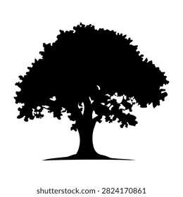 A black silhouette of a mature tree with dense, leafy canopy and sturdy trunk, isolated on a white background, emphasizing natural beauty and growth.