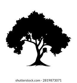 A black silhouette of a mature tree with expansive branches and lush foliage, set against a white background, emphasizing natural beauty and growth.