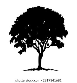 Black silhouette of a mature tree with full canopy and visible branches, isolated on a white background, emphasizing natural growth and structure.