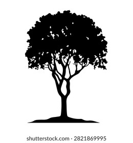 Black silhouette of a mature tree with a full, rounded canopy and detailed branches, set against a plain white background, emphasizing natural beauty.