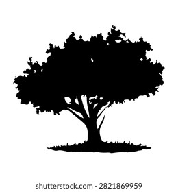 A black silhouette of a mature tree with lush, dense foliage and sturdy trunk, set against a plain white background, emphasizing natural beauty and growth.