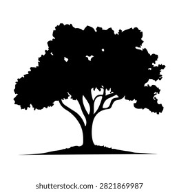 A black silhouette of a mature tree with lush, dense foliage and sturdy branches, set against a plain white background, emphasizing natural beauty and growth.