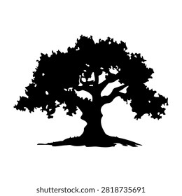 Black silhouette of a mature tree with sprawling branches and dense foliage, isolated on a white background, emphasizing natural growth and canopy shape.