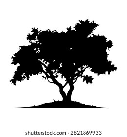 A black silhouette of a mature tree with sprawling branches and full canopy, set against a white background, emphasizing natural beauty and growth.