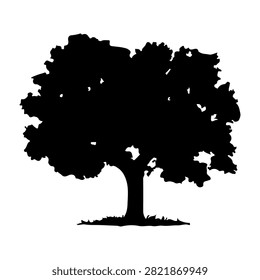 A black silhouette of a mature tree with thick, leafy canopy and sturdy trunk, set against a plain white background, emphasizing natural form and structure.