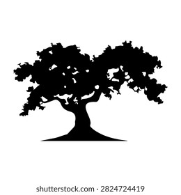 A black silhouette of a mature tree with a thick trunk and sprawling branches filled with dense leaves, set against a plain white background.
