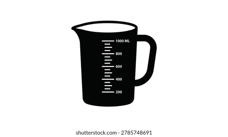 Black silhouette of a measuring cup with milliliter scale markings, isolated on a white background.