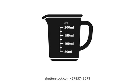 Black silhouette of a measuring jug with milliliter markings, isolated on a white background.