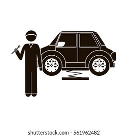 black silhouette mechanic with spanner and car