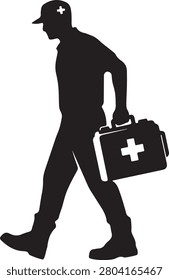 Black silhouette of a medic or paramedic walking while carrying a medical kit, isolated on a white background