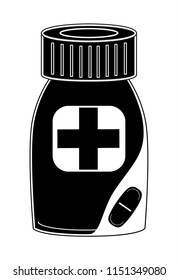 Black silhouette of a medical bottle. Icon of the pill bottle. isolated white . The design of the icons in outline style. vector