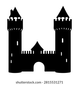 Black silhouette of a medieval castle featuring two towers with battlements and a central gate, set against a plain white background.