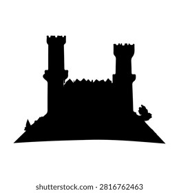 A black silhouette of a medieval castle featuring towers, battlements, and a fortified wall, set against a plain white background.
