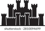 Black silhouette of a medieval castle with multiple towers and crenellated battlements on a white background