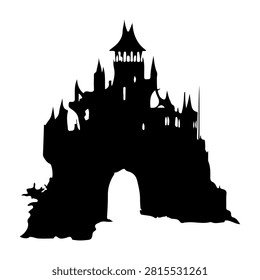 Black silhouette of a medieval castle with multiple spires, towers, and an arched entrance, set against a plain white background.
