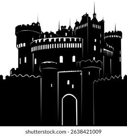 Black Silhouette of a medieval castle on a white background. Vector illustration, for decorating your designs in the style of ancient architecture and For laconic and thematic icons of the Middle Ages
