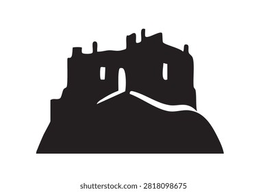 Black silhouette of a medieval castle on a hill isolated on white background, Vector