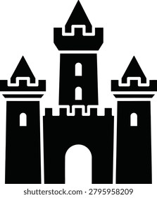 A black silhouette of a medieval castle with three towers, featuring battlements and arched windows, set against a clean white background