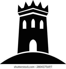 Black silhouette of a medieval castle tower on a hill