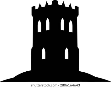 Black silhouette of a medieval castle tower on a hill
