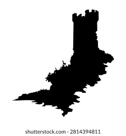 Black silhouette of a medieval castle tower situated on an island, emphasizing historic architecture and scenic maritime landscape.