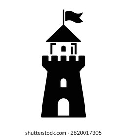 A black silhouette of a medieval castle tower with a flag on top, battlements, and arched windows, set against a white background, evoking a sense of history and fortification