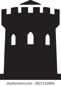 Black silhouette of a medieval castle tower with battlements and three arched windows on a white background, isolated