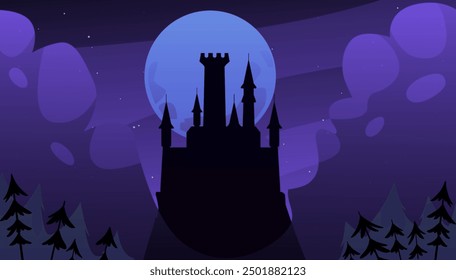 Black silhouette of medieval fairy tale castle on hill at night with full moonlight vector flat illustration. Cartoon fantasy game chateau. Vintage stone palace building with castle towers in dark