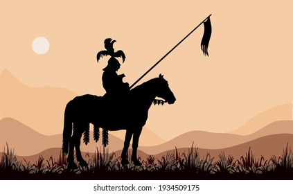 black silhouette of a medieval knight on a horse, against the sky