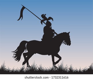 black silhouette of a medieval knight with a spear on a horse in a field, trotting, isolated vector image on the background of the dawn sky