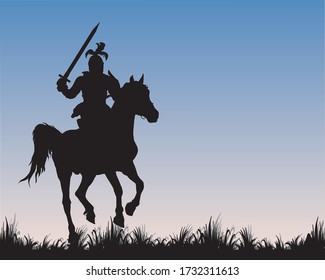  black silhouette of a medieval knight with a sword, galloping on a horse in a field, isolated vector image on the background of the dawn sky