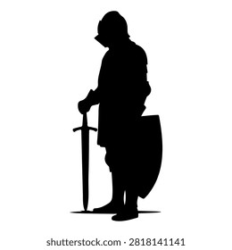 A black silhouette of a medieval warrior holding a sword and shield, emphasizing strength and historical armor design.