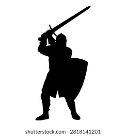 Black silhouette of a medieval warrior holding a sword and shield, emphasizing strength and combat readiness in a historical context.