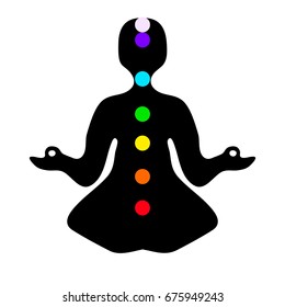 Black silhouette meditating man with color chakras