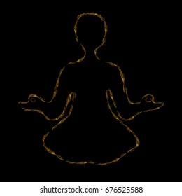 Black silhouette of meditating person with fire aura on black background.