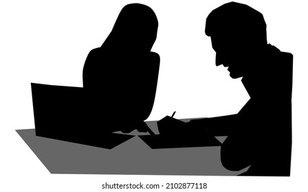 Black silhouette of a meeting or conversation between a man and woman, male and female signing documents