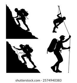 Black Silhouette of Men Climbing Rock Mountains - Vector Illustration