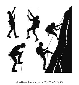 Black Silhouette of Men Climbing Rock Mountains - Vector Illustration