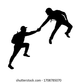 Black silhouette of men. The man pulls out another. Helping hand. Salvation of the weaker.  Teamwork. Tourists, travelers, climbers, adventurers, hiking. Mountain trip.