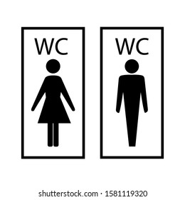 Black silhouette men and women icon in white rectangle. Sign restroom women and men. Icon public toilette and bathroom for hygiene. Template for poster, sign. Flat vector image. Vector illustration.