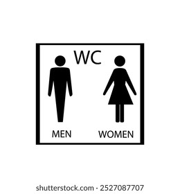 Black silhouette men and women icon in white square. Sign restroom women and men. Icon public toilette and bathroom for hygiene. Template for poster, sign. Flat vector image. Vector illustration.