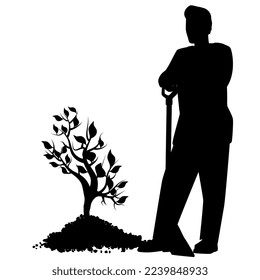 Black silhouette of men in work clothes with shovel stand next to young tree in heap of ground, isolated on white. Vector design element.