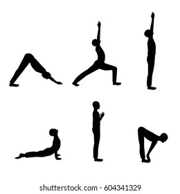 Black silhouette men yoga poses vector set. Men silhouette in Yoga postures isolated on white background. 