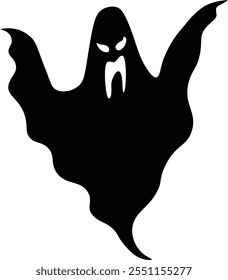 Black silhouette of a menacing ghost floating with glowing eyes and sharp fangs, creating a spooky and eerie atmosphere perfect for halloween projects