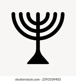 Black silhouette of a menorah with seven branches on a white background. The menorah is a traditional Jewish symbol, often used in religious and cultural contexts. User interface icon vector.